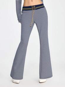 ROMWE Grunge Punk Spring/SummercasualNautical Navy Style Metal Chain Pendant Retro Flare Leg Low Waist Pants - Blue and White - View 5