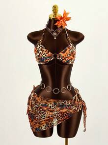 Mistrie Bộ bikini gợi cảm buộc dây cổ họa tiết da báo dành cho nữ mùa hè, kèm áo khoác ngoài và váy. - Nhiều màu - Xem 1