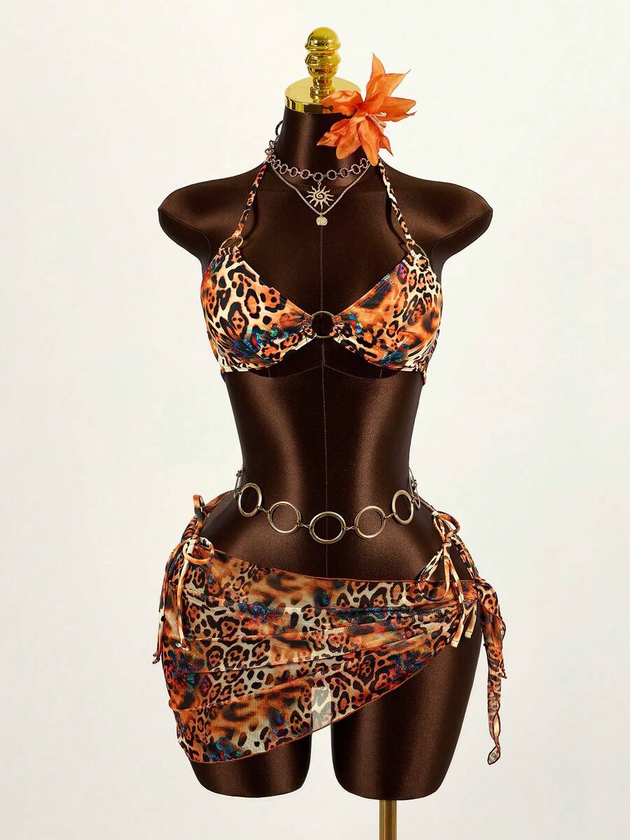 Mistrie Bộ bikini gợi cảm buộc dây cổ họa tiết da báo dành cho nữ mùa hè, kèm áo khoác ngoài và váy. - Nhiều màu - Xem 1