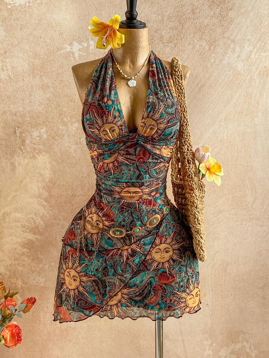 Soleia Holiday Women's Fashion Resort Sun Print Halter Mini Dress - Multicolor - View 1