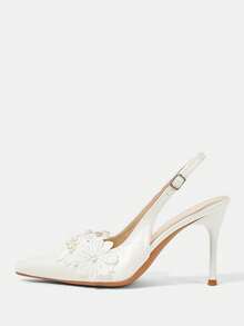 CUCCOO HITCHD Women's Pointed Toe High Heel White Pearl Lace Flower Backstrap Pumps, Bridal Wedding Party Evening Shoes, Backless Heels - White - View 2