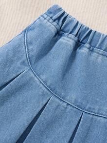 SHEIN Young Girl Fold Pleated Denim Skirt,Spring Summer Boho Cuet Skirt - Light Wash - View 7