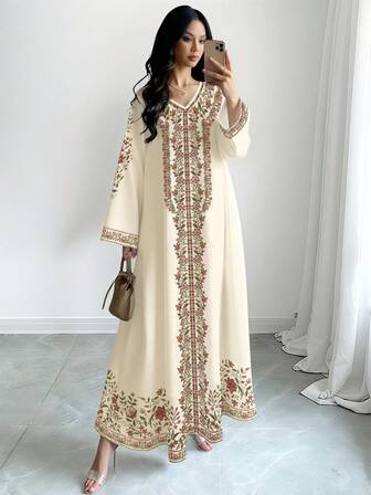 SHEIN Najma 女士花卉植物数码印花V领长袖优雅阿拉伯风格长款连衣裙，春秋季