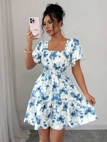 Rafferiza 女士优雅印花荷叶边修身迷你连衣裙 - 藍色 - 查看 1