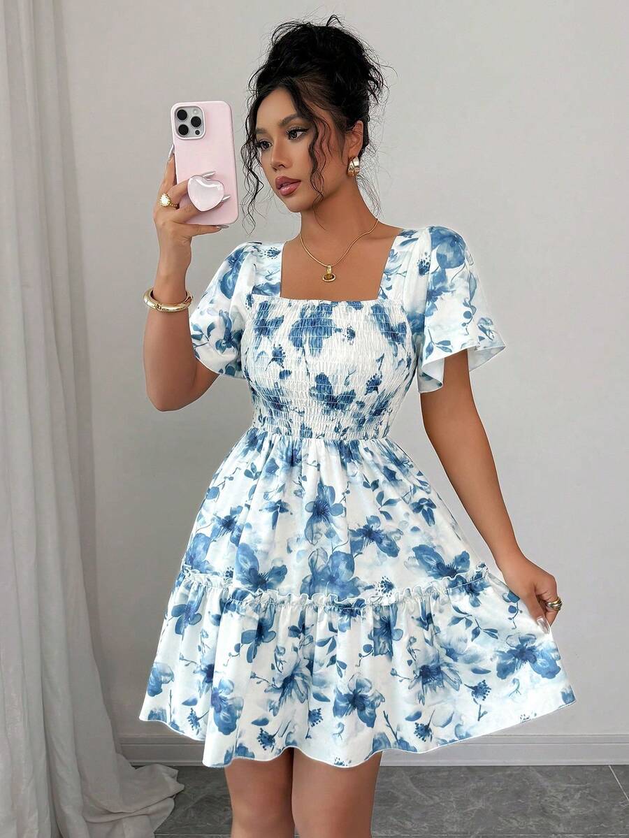 Rafferiza 女士优雅印花荷叶边修身迷你连衣裙 - 藍色 - 查看 1