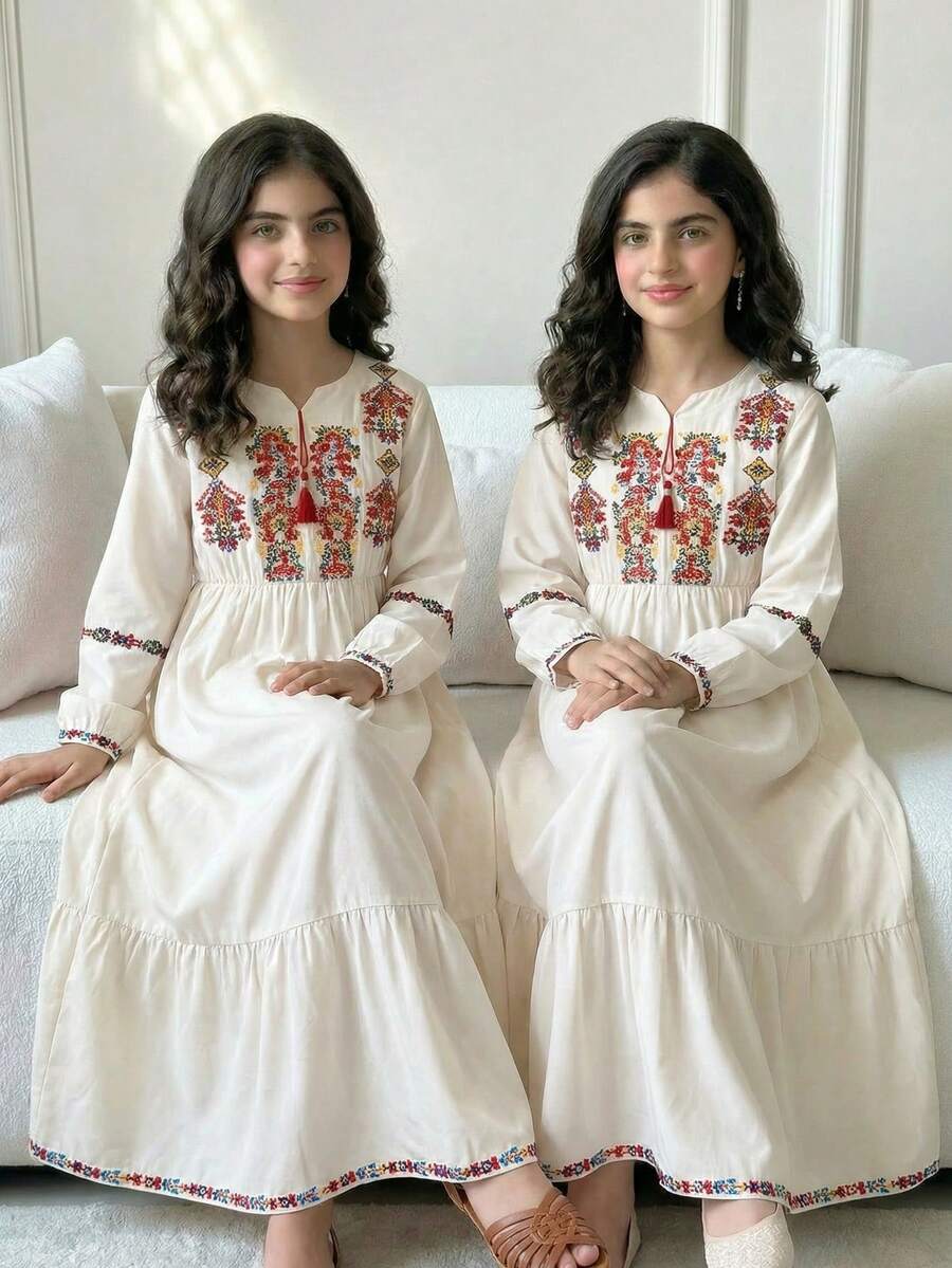 Girls & Women Middle Eastern/Arabic Style V-Neck Long Sleeve Casual Printed Robe, Suitable For Party, Leisure, Commuting - White - View 1