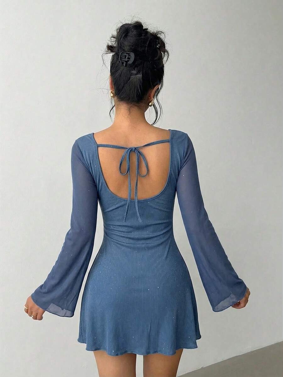 Aloruh Gaun Mini Elegan Tanpa Punggung dengan Hiasan Pita dan Kain Berkilau yang Pas di Badan - Biru - View 1