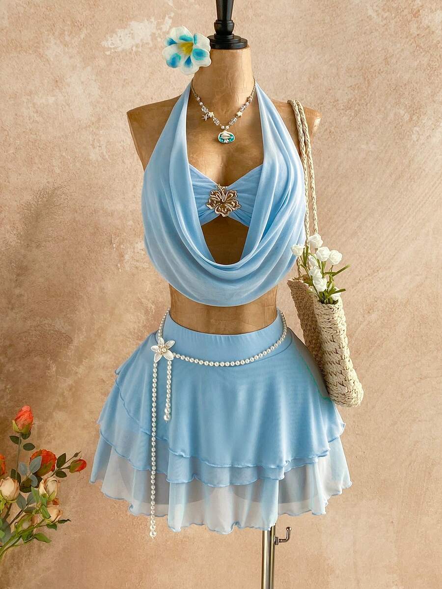 Soleia 女款淺藍色夏季休閒度假深V領掛脖上衣與層次荷葉邊迷你裙兩件套,日落漸層花卉套裝 - 淺藍色 - 查看 1