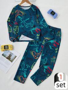 2pcs Tween Boy Video Game Print Pajama Set - Long Pants & Long Sleeve Top - Dark Green - View 5