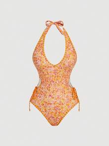 SHEIN MOD 1件装女士碎花吊带连体泳衣 - 橘色 - 查看 2