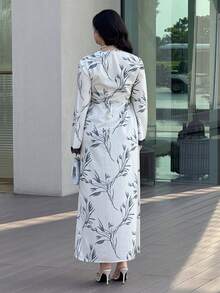 Yasmyna 女士花卉撞色蕾丝V领长袖优雅阿拉伯连衣裙 - 彩色 - 查看 2