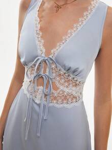 Poéselle 女士撞色蕾丝前系带深V性感无袖迷你连衣裙 - 藍色 - 查看 2