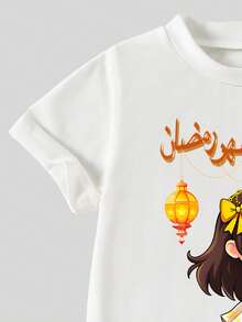 2pcs/Set Tween Girls Middle Eastern Star & Moon Golden Traditional Cute Moon Print Short Sleeve T-Shirt And Flare Pants Set, Fashionable Casual, Suitable For Spring/Summer - Multicolor - View 5