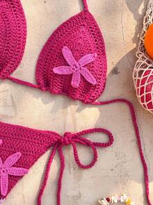 Swim Mod Women's Sexy Casual Beach Vacation Cute 3D Starfish Halter Neck Tie Cover Up - Hot Pink - View 3