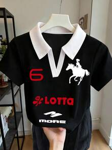 Rovax 修身短款 Polo 衫，街头风上衣，女式街头服饰，休闲女装，印花 T 恤，夏季，女士 T 恤，休闲时尚街头运动撞色包边 V 领上衣 - 黑色 - 查看 1