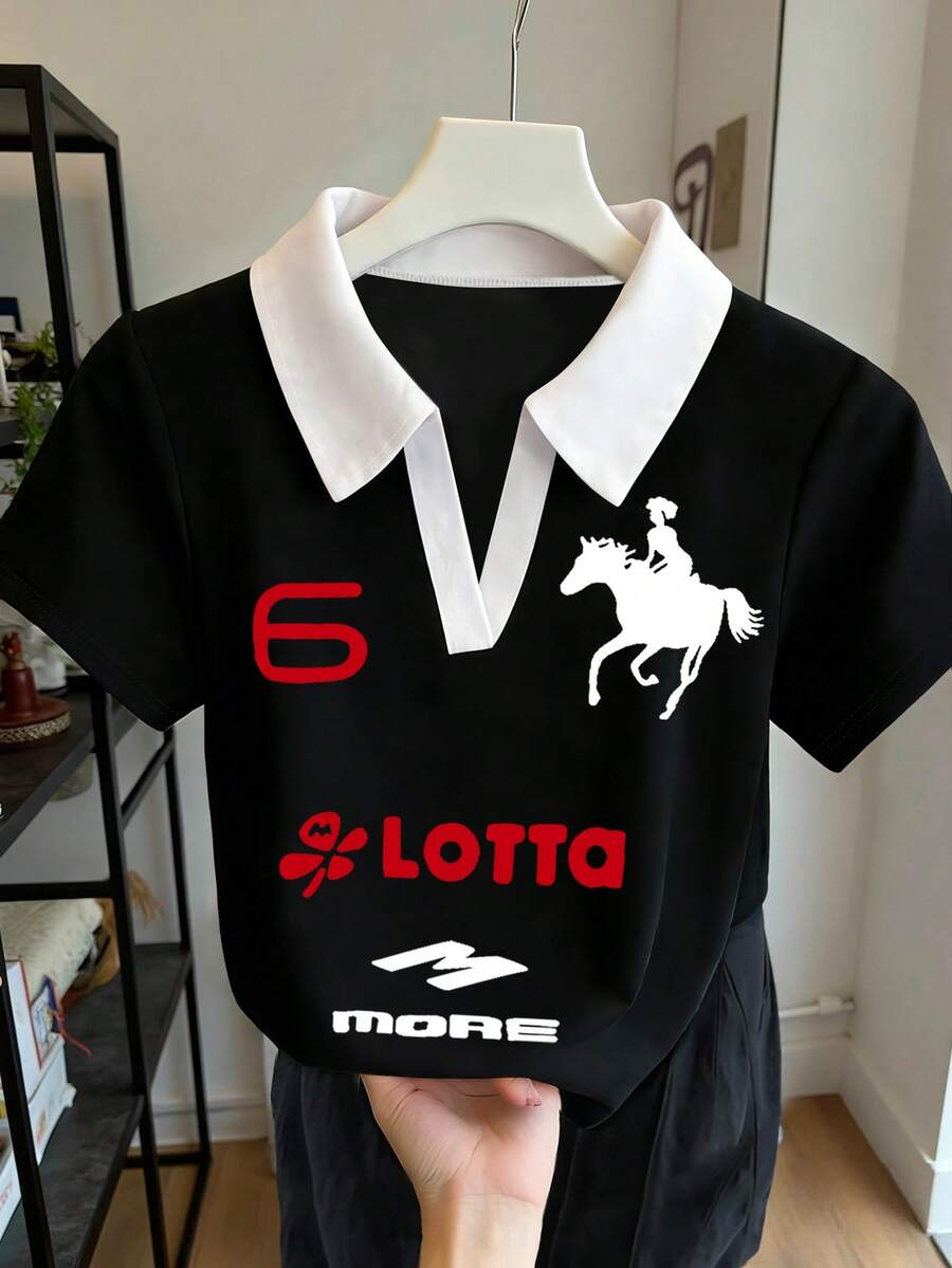 Rovax 修身短款 Polo 衫，街头风上衣，女式街头服饰，休闲女装，印花 T 恤，夏季，女士 T 恤，休闲时尚街头运动撞色包边 V 领上衣 - 黑色 - 查看 1