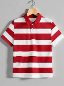 Vacaura 少年男童紅白條紋半扣休閒短袖POLO衫