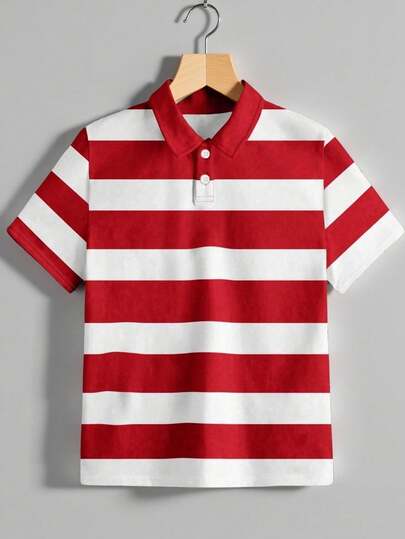 Vacaura 少年男童紅白條紋半扣休閒短袖POLO衫