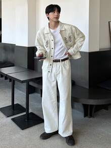 DAZY Embroidered Pattern Washed Beige Men's Jacket Set, Spring/Autumn - Apricot - View 1