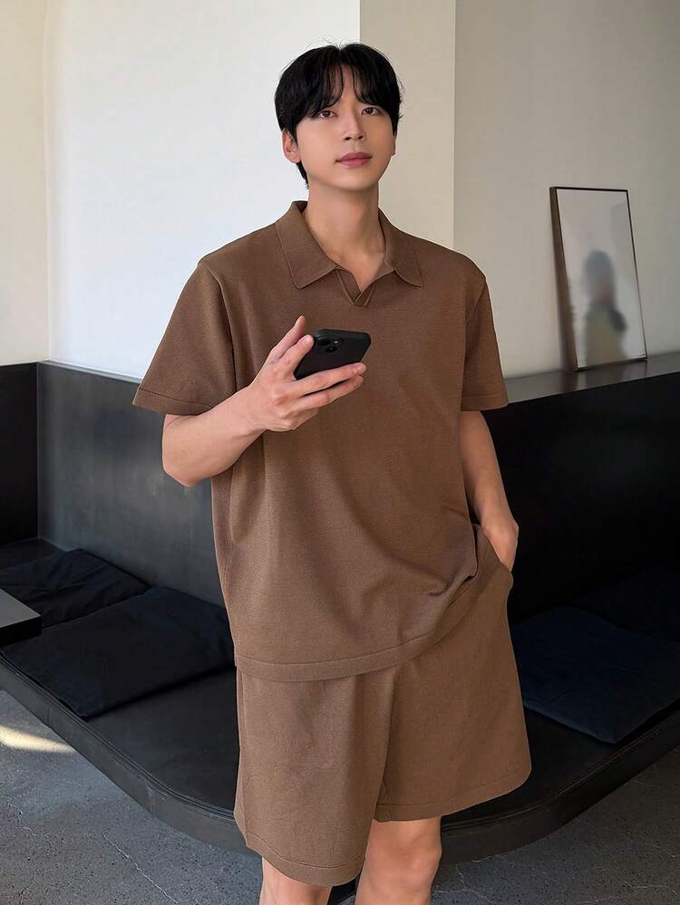 Men's Casual Brown Short Sleeve Polo Shirt And Shorts Set, Summer