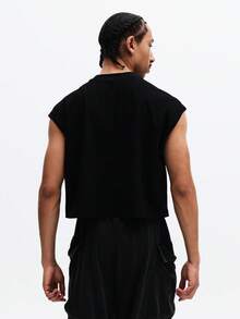 SUMWON 无袖圆领背心，饰有小图案印花，休闲夏季日常穿着，常规版型，纯棉混纺面料。 - 黑色 - 查看 2