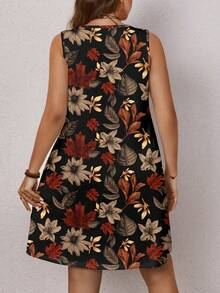 EMERY ROSE 大码女式休闲简约浪漫复古枫叶印花圆领无袖连衣裙，适合夏季，黑色连衣裙 - 彩色 - 查看 2