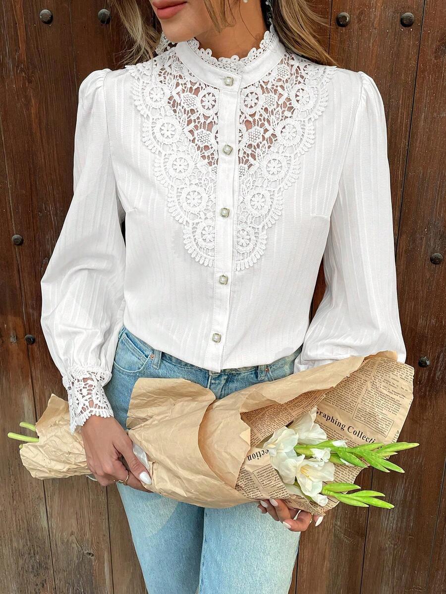 Pariaura Women's Contrast Lace Puff Sleeve Single-Breasted Elegant Blouse Western Blouse Cotton Blouse White Western Top White Blouse Elegant Eyelet Blouse - White - View 1