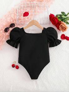 SHEIN 女童纯色翻领泡泡袖连体裤 - 黑色 - 查看 2