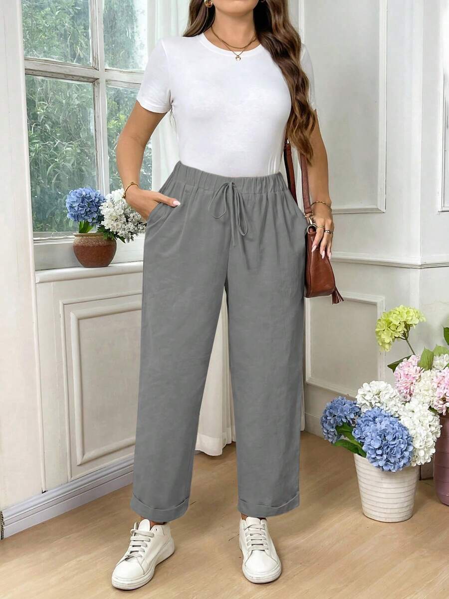 EMERY ROSE Plus Size Women Cotton Solid Color Drawstring Waist Pockets Loose Pants Fall - Light Grey - View 1