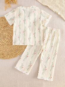 Bộ 2 món áo ngắn tay và quần dài họa tiết hoa xinh xắn cho bé gái, đồ mặc nhà mềm mại, giản dị, mùa hè - Màu be - Xem 2