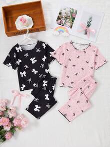 2件套女童针织蝴蝶结印花短袖上衣和裤子睡衣套装，春夏款 - 彩色 - 查看 6