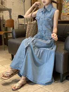 DAZY Women's Casual Washed Pocket Lapel Sleeveless Denim Dress, Summer - Blue - View 8