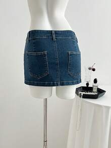 Elamini Chân váy denim ngắn ôm sát, đa năng, có thắt lưng, thời trang mùa hè - Rửa tối - Xem 2