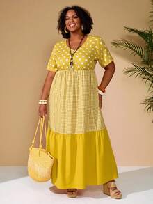 SHEIN CURVE+ Váy maxi cỡ US22 dành cho lễ hội âm nhạc, kỳ nghỉ bên bờ biển, phong cách boho, trang phục nghỉ dưỡng mùa hè/đồng quê/bãi biển/trang phục đi biển. - Màu vàng - Xem 5