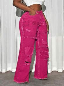 Slaydiva Plus Size Casual Washed High Waist Distressed Jeans - Red - View 4
