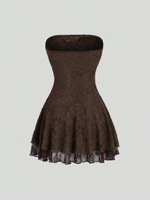 Sweetra 女士复古性感修身蕾丝提花休闲舒适优雅高端户外棕色连衣裙，春季 - 棕色 - 查看 3