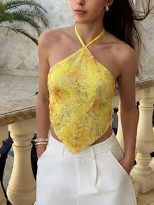 Aloruh Áo hai dây gợi cảm hở lưng, cổ yếm, phối sequin dành cho nữ. - Màu vàng - Xem 8