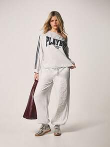 Missguided x Playboy Los Angeles Off Shoulder Varsity Sweatshirt With Stripe Sleeve Detail Long Sleeve Casual Pullover - Light Grey - View 4
