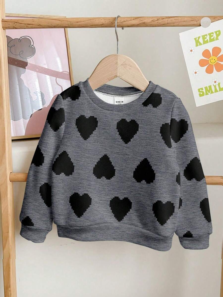 Áo nỉ dệt kim dài tay họa tiết trái tim pixel cổ điển tối giản cho bé gái, thoải mái mặc hàng ngày, phù hợp cho mùa thu/đông - Nhiều màu - Xem 1