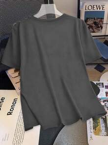 SHEIN Tall CURVE 大码女式夏季水钻装饰圆领T恤 - 灰色 - 查看 2