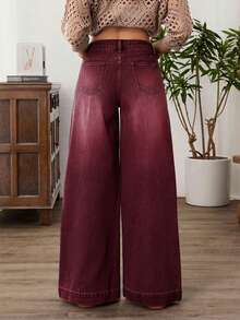 EMERY ROSE 女士休闲宽松阔腿牛仔裤 - 酒紅色 - 查看 2