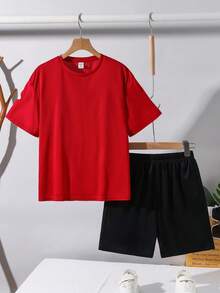 SHEIN Little Byeori 2pcs/Set Kids/Tween Boys Red And Black Graphic Print Loose Fit Round Neck Short Sleeve Knit T-Shirt And Shorts Set,Summer Streetwear City Break Style - Red - View 4
