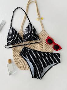 Teen Girls Black Polka Dot Spaghetti Strap Camisole & Leopard Print Bikini Top And Bottom Swimsuit Set, Summer Holiday, Beach Vacation
