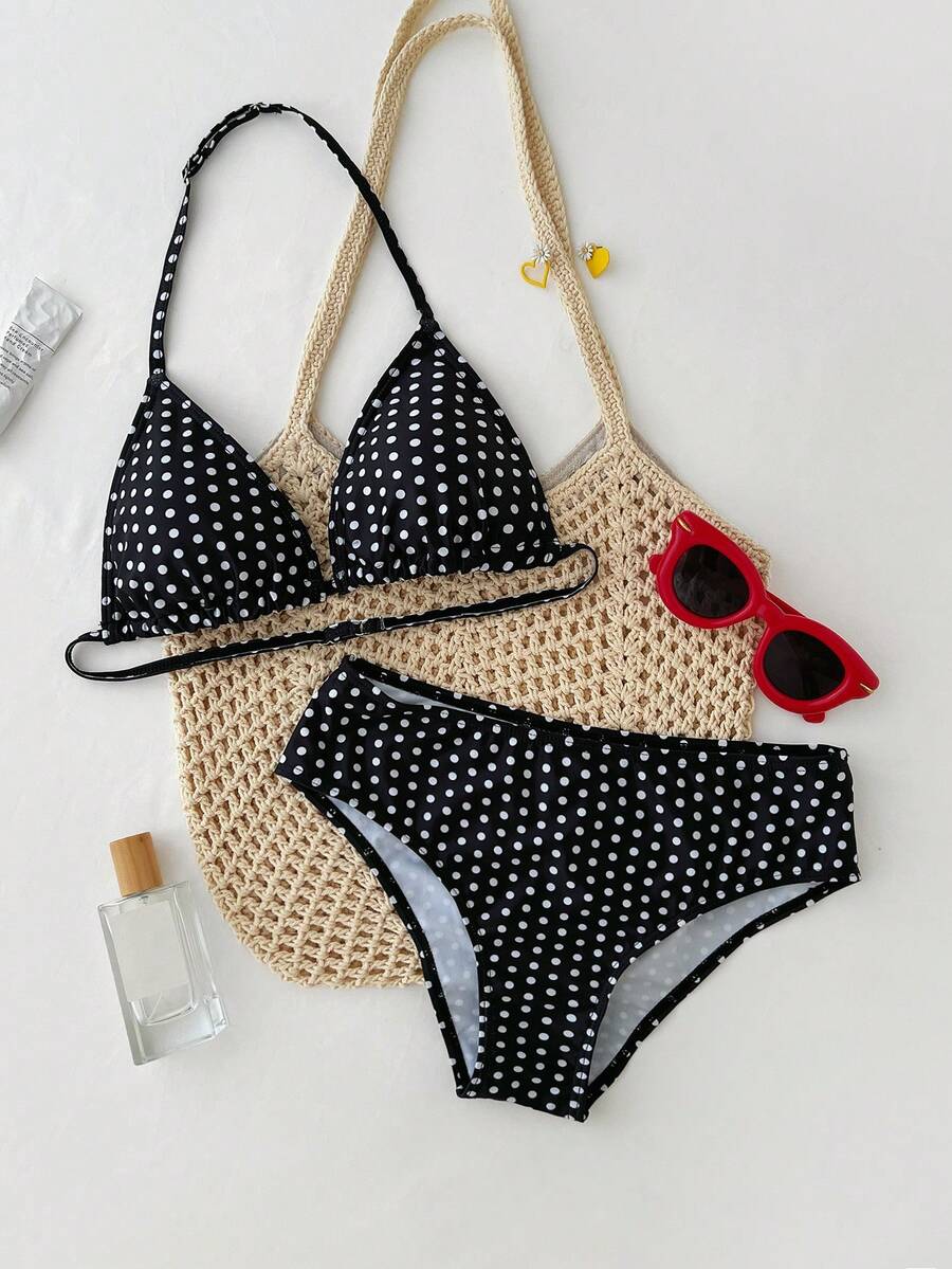 Bộ đồ bơi cho bé gái tuổi teen gồm áo hai dây chấm bi đen và áo bikini họa tiết da báo, thích hợp cho kỳ nghỉ hè, đi biển. - màu đen - Xem 1