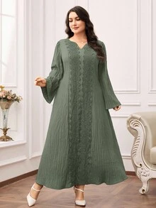 Al Najma Đầm dài tay kiểu Ả Rập tối giản, màu trơn, cỡ lớn - màu xanh lá - Xem 6