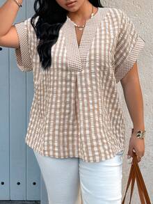 EMERY ROSE Blusa de mujer talla grande con cuello en V, de tela texturizada con estampado de cuadros y patchwork, para primavera/verano - Caqui - Ver 4