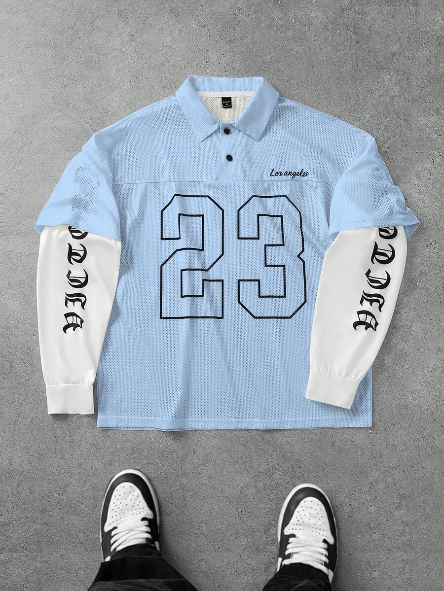 Aesthetic Post Men's Letter & Number Print Mesh Contrast Color Long Sleeve Polo Shirt - Baby Blue - View 1