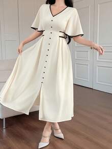DAZY 女士优雅撞色V领荷叶袖连衣裙，夏季婚礼宾客礼服/吊带裙 - 白色 - 查看 4