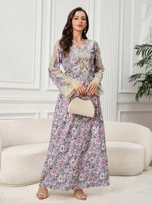 Al Najma Women's Floral Contrast Mesh Long Sleeve Elegant Arabic Dress - Multicolor - View 3
