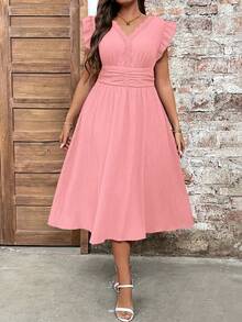 SHEIN Clasi Váy ren vá cổ chữ V thắt eo thanh lịch cỡ lớn cho kỳ nghỉ thường ngày - Bụi hồng - Xem 4